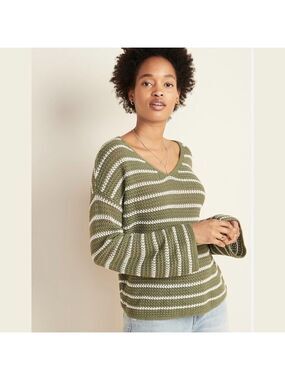 OLD NAVY Cotton Blend Oversize Slouchy Vee Neck Sweater in Olive Stripe Sz XXL